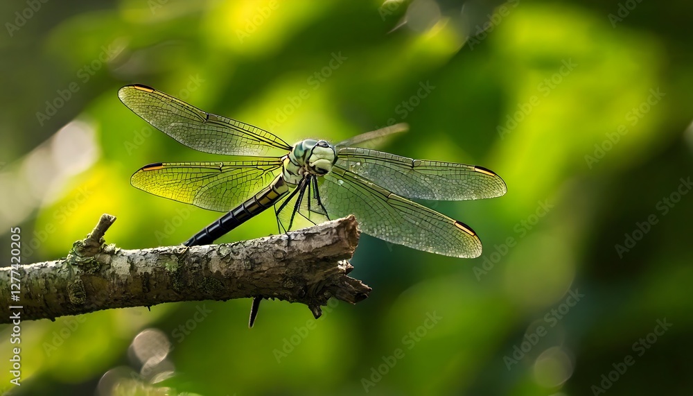 A detailed close-up of a colorful dragonfly resting on a branch, set against a backdrop of out-of-focus, vibrant green foliage. A detailed close-up of a colorful dragonfly resting on a branch, set against a backdrop of out-of-focus, vibrant green foliage.