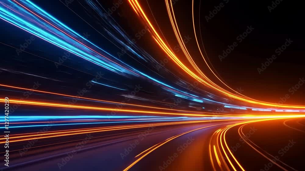 Dynamic neon streaks of blue and orange light create a futuristic highway scene Dynamic neon streaks of blue and orange light create a futuristic highway scene