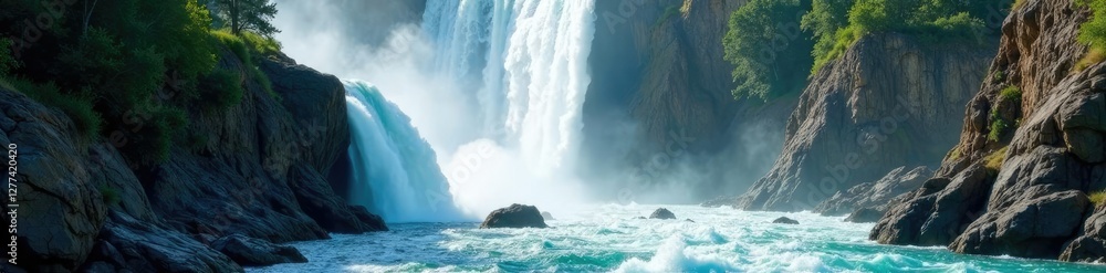 Obraz premium Turbulent water rushes down steep gorge walls, waterfall, serene, landscape