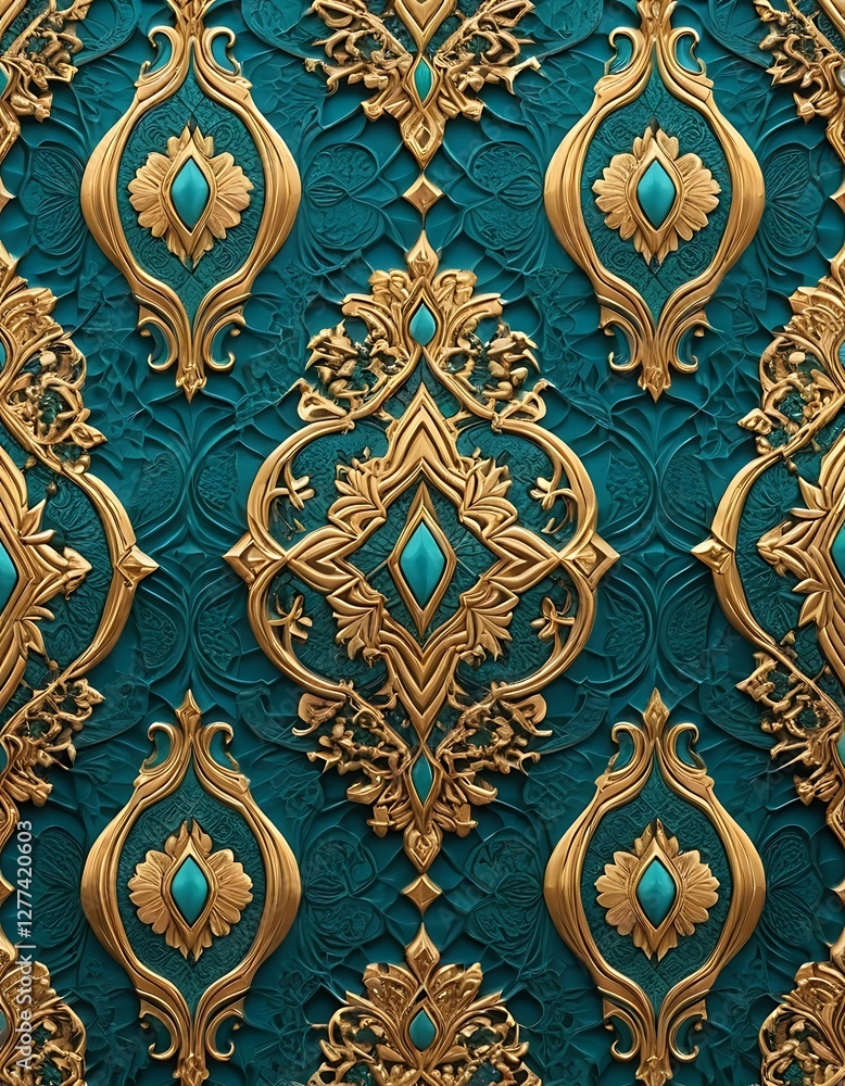 Opulent teal backdrop with intricately designed gold and turquoise ornaments Opulent teal backdrop with intricately designed gold and turquoise ornaments