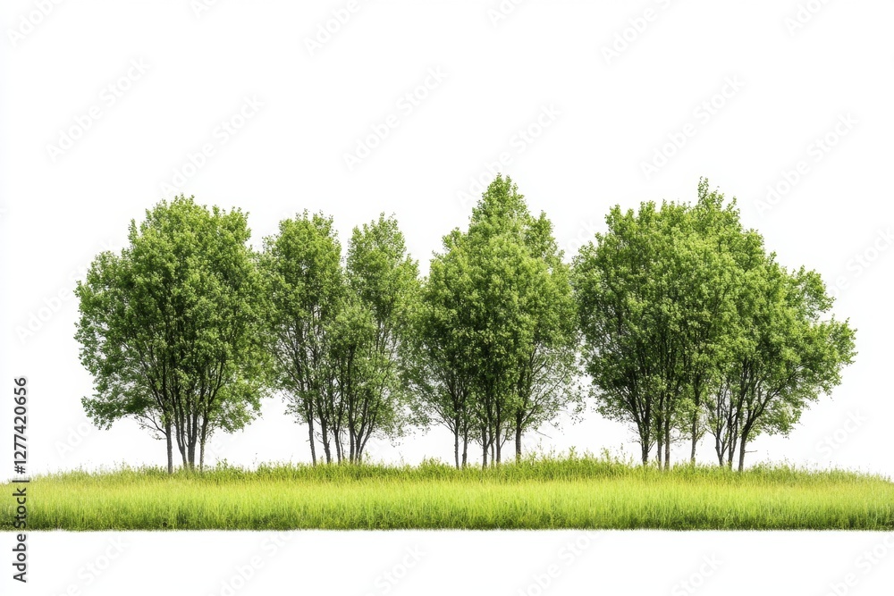 Fototapeta premium Isolated Green Trees in Grassy Field on White Background
