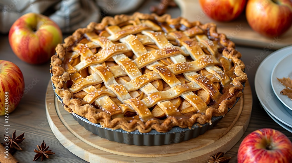 Freshly Baked Apple Pie with Lattice Crust Surrounded by Apples and Cinnamon Spices Freshly Baked Apple Pie with Lattice Crust Surrounded by Apples and Cinnamon Spices
