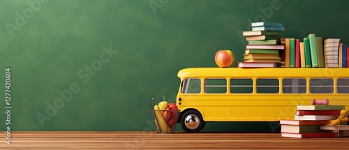 Back of school bus. Back to school banner. Funny yellow School bus with books and supply element against green background.  