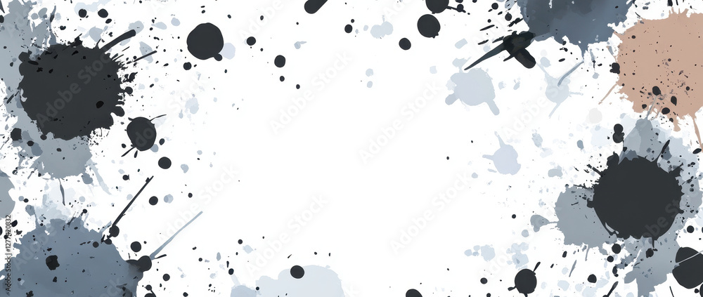 Abstract splatter pattern with black, gray, and beige paint spots on white background, creating dynamic and artistic frame. Perfect for creative projects Abstract splatter pattern with black, gray, and beige paint spots on white background, creating dynamic and artistic frame. Perfect for creative projects