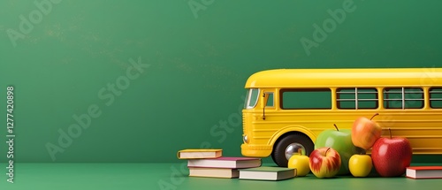 Back of school bus. Back to school banner. Funny yellow School bus with books and supply element against green background.  