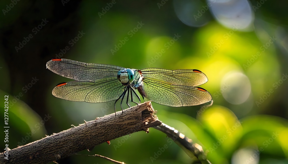 A detailed close-up of a colorful dragonfly resting on a branch, set against a backdrop of out-of-focus, vibrant green foliage. A detailed close-up of a colorful dragonfly resting on a branch, set against a backdrop of out-of-focus, vibrant green foliage.