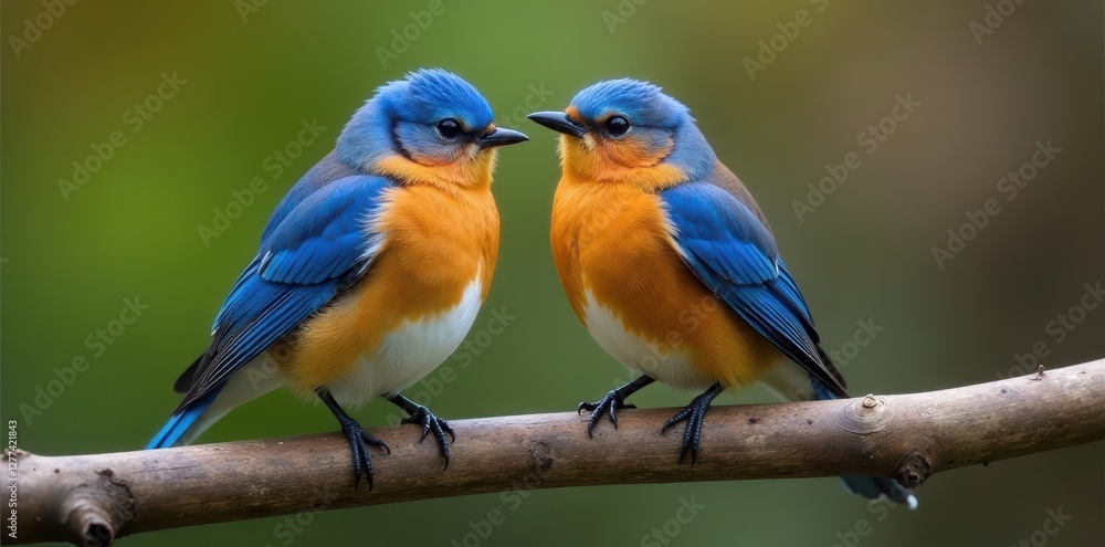 Obraz premium Two bluebirds perched side-by-side on weathered branch , nature, wings