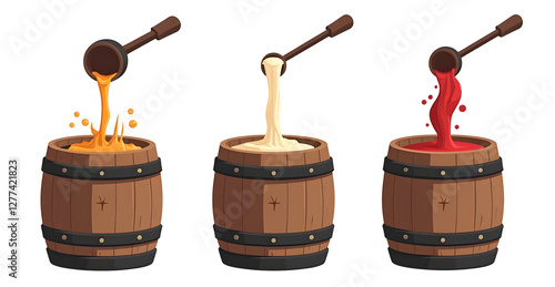 Three wooden barrels brimming with vibrant liquids; orange, creamy, and crimson, being poured from above. photo