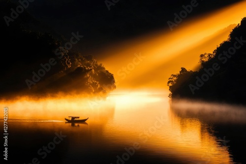 Sunrise on a misty lake with a lone boat photo