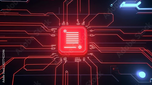 Futuristic Glowing Red Microchip at Center of Complex Circuit Board with Neon Lines and Blue Hues, Symbolizing Advanced Electronic Technology and Digital Connectivity in Innovative Design