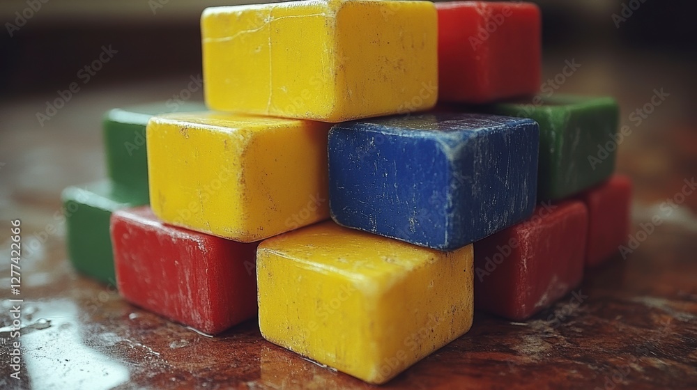 Colorful building blocks stacked on a table, creating a playful atmosphere in a cozy room Colorful building blocks stacked on a table, creating a playful atmosphere in a cozy room