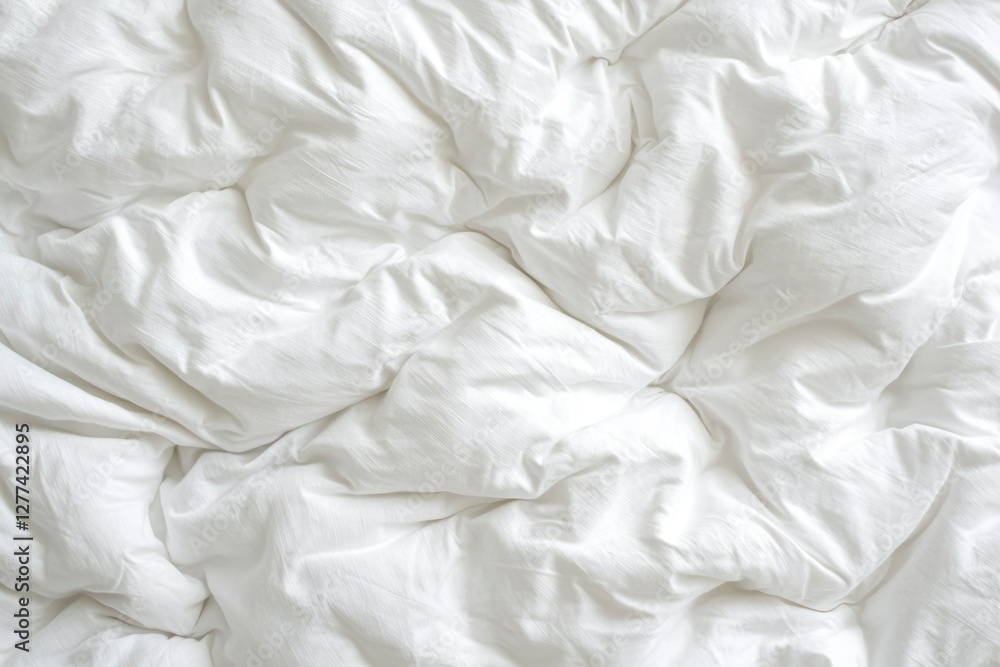 Obraz premium Messy White Bed Sheets, Wrinkled, Ready for Sleep, Home Interior, Minimalist Style, Bedding, Cozy, Ideal For A Relaxing Bedroom, Perfect Background, Stock Photo