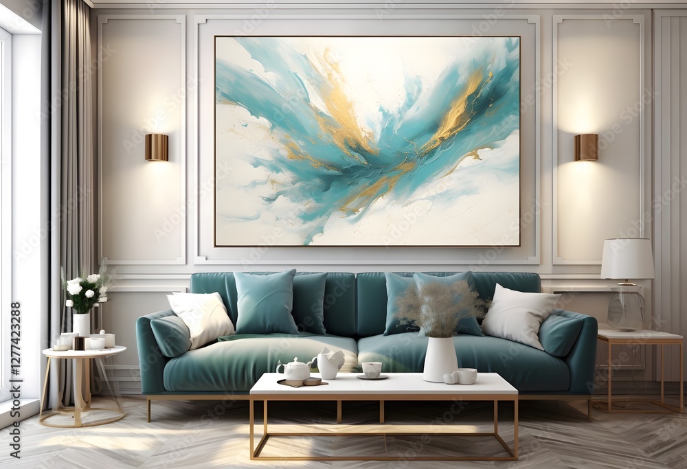 Modern living room interior with sofa and a marble teal painting poster. Modern living room teal gold and white abstract painting Modern living room interior with sofa and a marble teal painting poster. Modern living room teal gold and white abstract painting