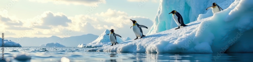 Fototapeta premium Several penguins take flight from melting iceberg , iceberg calving, nature