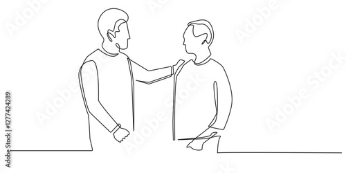 continuous line drawing patting the shoulder.one line vector illustration of a man patting his friend on the shoulder.giving encouragement and motivation.single line vector illustration