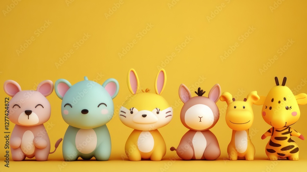 Naklejka premium Cute cartoon animal figures in pastel colors against a yellow background. 