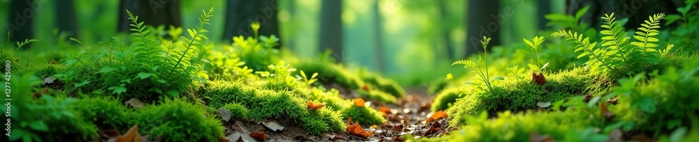 Spring forest floor carpeted with ferns and moss, moss, forest vegetation Spring forest floor carpeted with ferns and moss, moss, forest vegetation