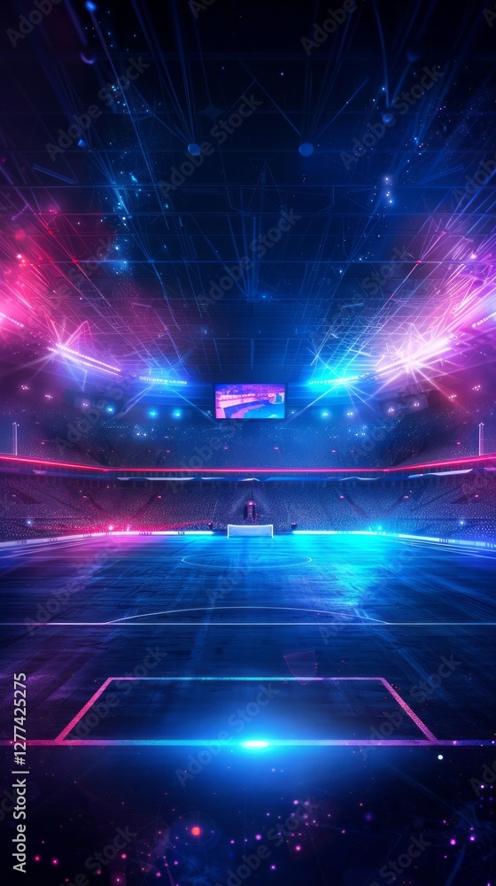 Fototapeta premium A 9:16 digital illustration of an animated children's soccer news studio, a modern and sleek speaker's podium at the bottom with a sporty design
