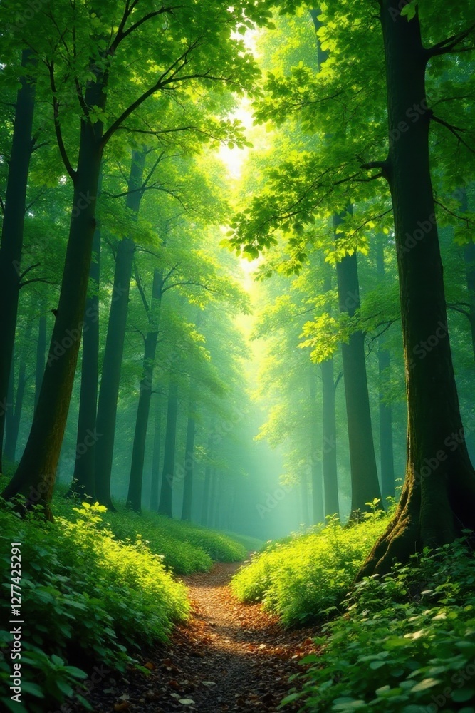 Fototapeta premium Sun-dappled green forest panorama, lush deciduous trees, spring, vista, environment