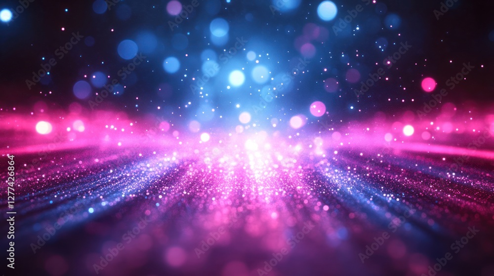 Fototapeta premium Abstract background with pink and blue glowing particles and bokeh lights.