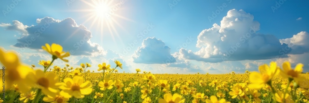 Obraz premium Sunbeams pierce fluffy clouds above vibrant canola blossoms , bright, Canola
