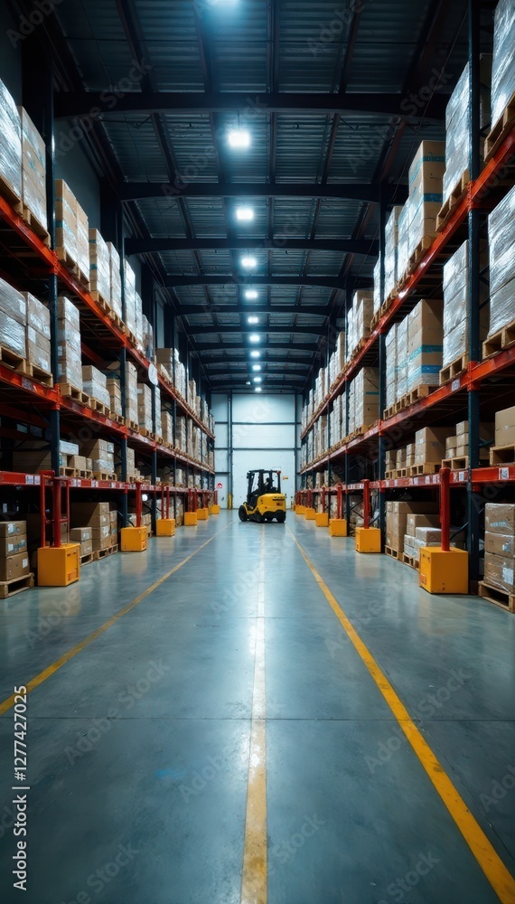 Fototapeta premium High-bay warehouse interior, loading docks visible, export, environment