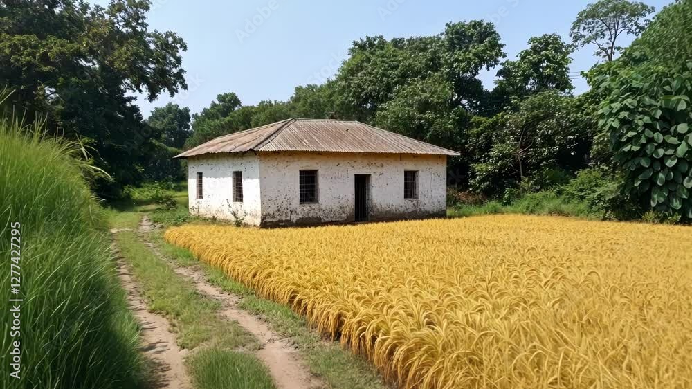 A serene rural landscape featuring a white house surrounded by golden rice fields under a clear sky A serene rural landscape featuring a white house surrounded by golden rice fields under a clear sky