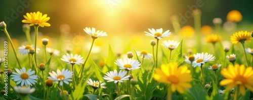 Sun-drenched meadow, abundant white & pink daisies, vibrant yellow dandelions , plant, natural