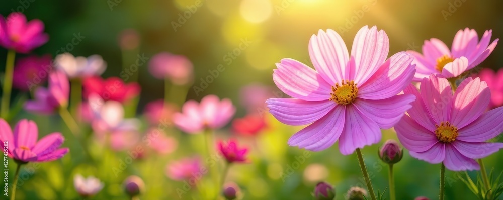 Cosmos flowers swaying gently in a summer garden , purple, nature, natural Cosmos flowers swaying gently in a summer garden , purple, nature, natural