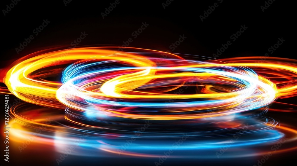 Abstract light painting with vibrant colors creating dynamic circular motion on a dark reflective surface artistic photography Abstract light painting with vibrant colors creating dynamic circular motion on a dark reflective surface artistic photography