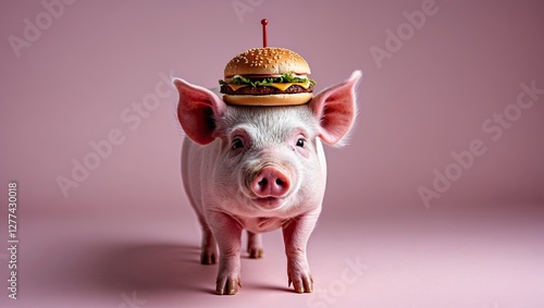 A cute pig standing against a pink background with a sandwich balanced on its head, creating a whimsical and humorous scene