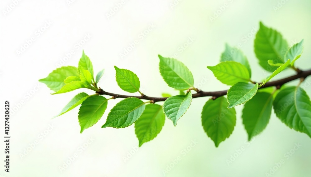 A wild branch with fresh green leaves against a white background, greenery, solitary A wild branch with fresh green leaves against a white background, greenery, solitary