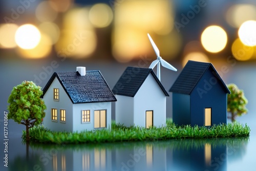 Wallpaper Mural Miniature houses with a wind turbine on artificial grass reflecting on a shiny surface with bokeh background representing sustainable living Torontodigital.ca