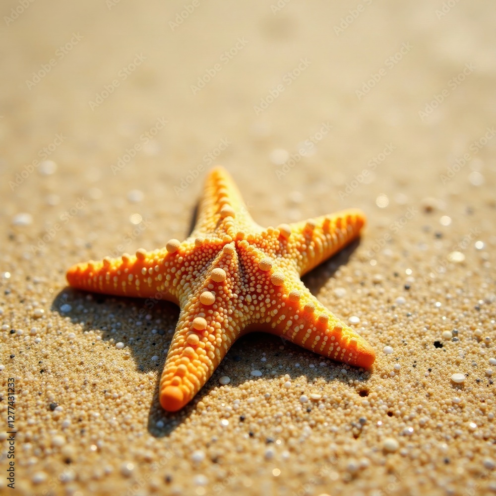 Close-up view of a single starfish on the sand, sunlit, detail, summer, vacation Close-up view of a single starfish on the sand, sunlit, detail, summer, vacation