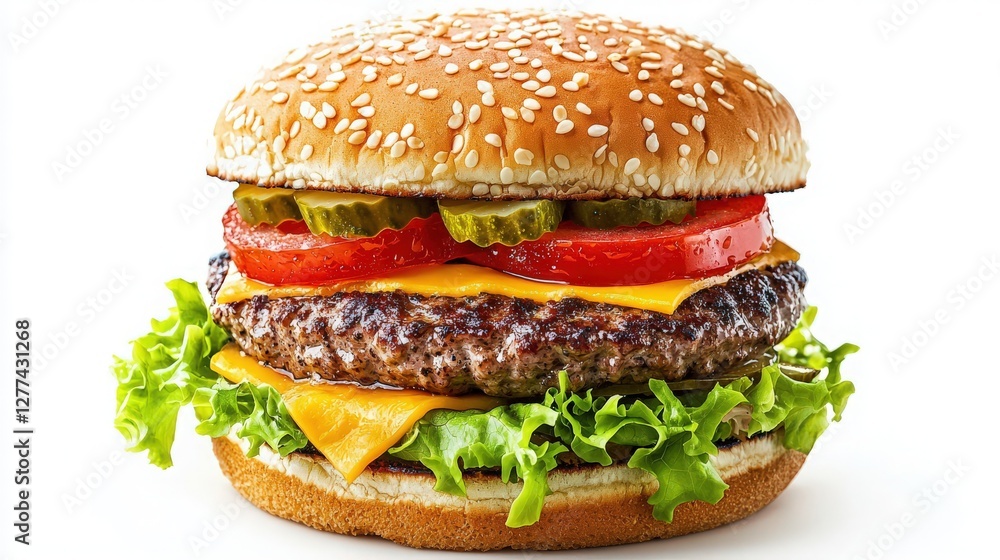 A delicious burger with cheese, lettuce, tomato, and pickles A delicious burger with cheese, lettuce, tomato, and pickles