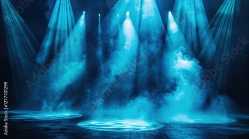 A dramatic scene featuring blue spotlight beams cutting through a smoky atmosphere  creating an atmospheric and captivating stage effect.