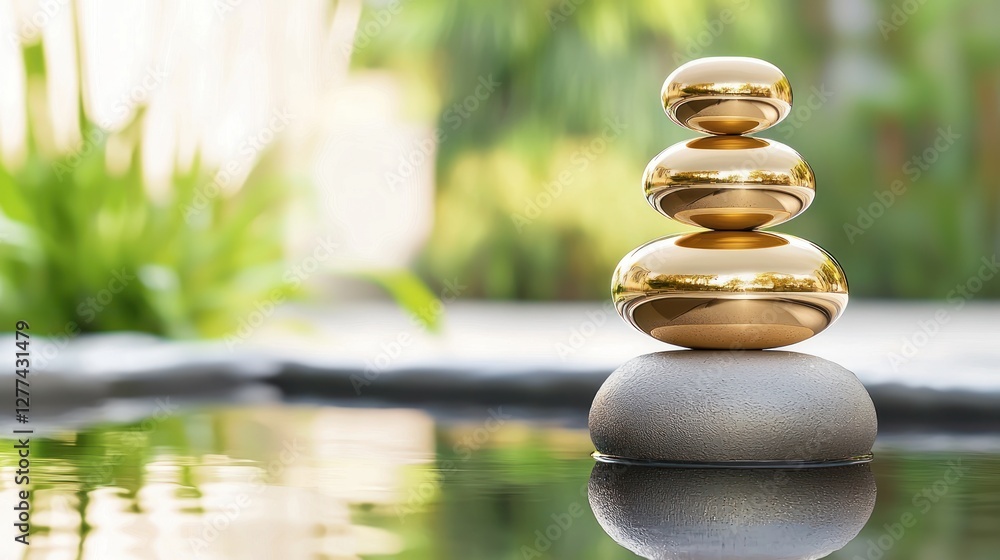 Obraz premium Serene zen garden scene featuring stacked golden stones in tranquil water reflecting nature's beauty and balance for wellness