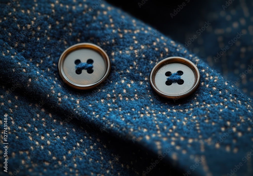 Elegant Blue and Gray Woolen Shirt Collar Buttons with Glossy Finish on Soft Fabric Material, Luxury Fashion Detail Elegant Blue and Gray Woolen Shirt Collar Buttons with Glossy Finish on Soft Fabric Material, Luxury Fashion Detail