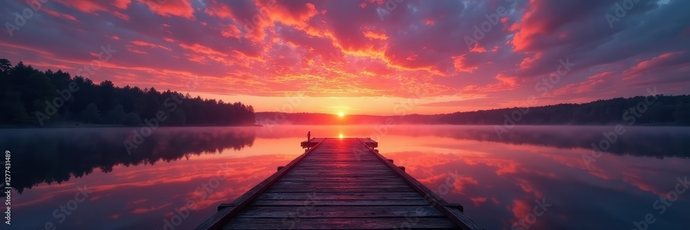 Fototapeta premium Enchanted sunrise, fiery sky reflects on still lake, weathered pier , mystical, serene