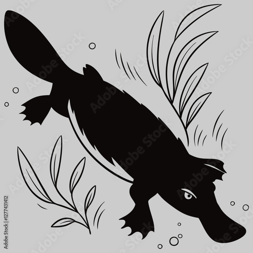 a platypus swimming silhouette vector design art and illustration