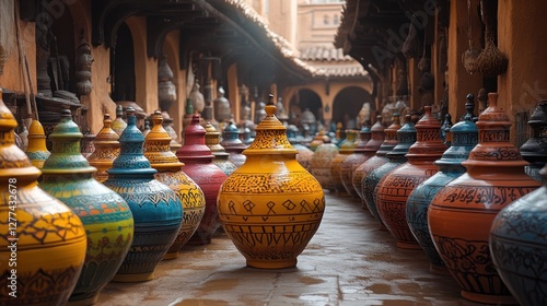 Colorful Moroccan pottery jars displayed in a market. photo