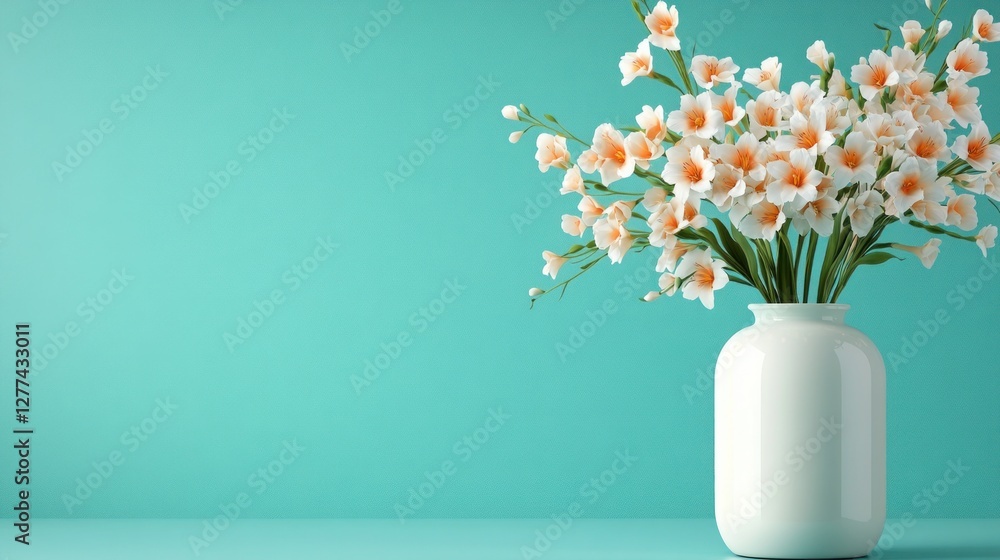 White vase with peach flowers against a teal background. White vase with peach flowers against a teal background.