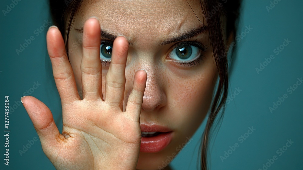 Close-up portrait of a young woman with freckles, her hand raised in a stop gesture, showing a serious expression. Close-up portrait of a young woman with freckles, her hand raised in a stop gesture, showing a serious expression.