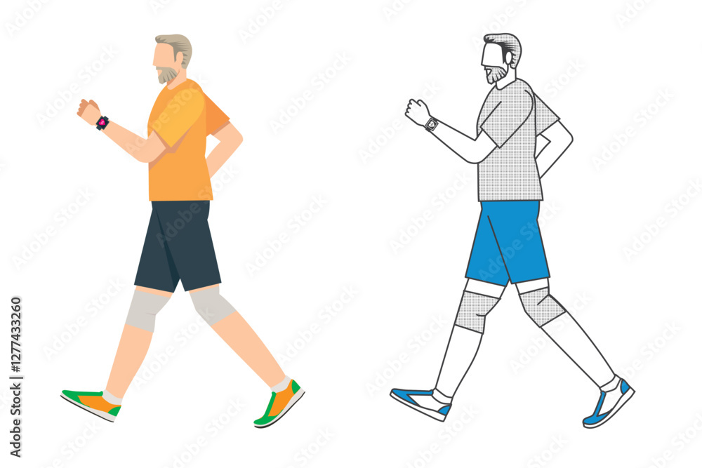 Obraz premium 散歩、歩く、ウォーキングする白人高齢者男性のイラスト フラットデザイン カラーと2色イラストのセット 