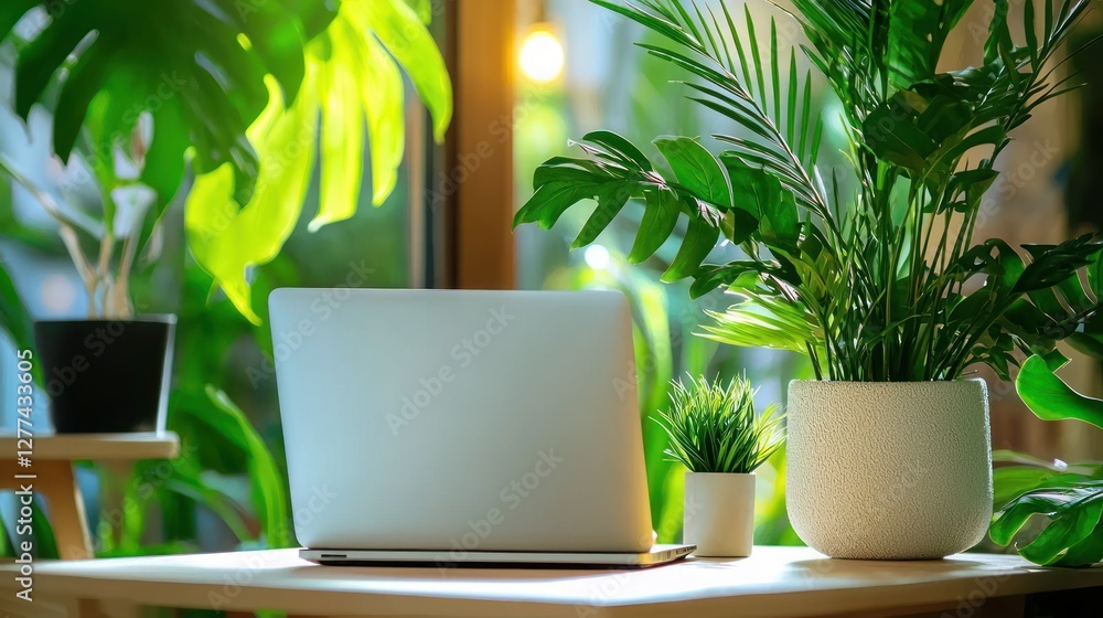 Serene workspace with laptop surrounded by lush green plants fostering creativity and productivity in a bright natural light indoor environment Serene workspace with laptop surrounded by lush green plants fostering creativity and productivity in a bright natural light indoor environment