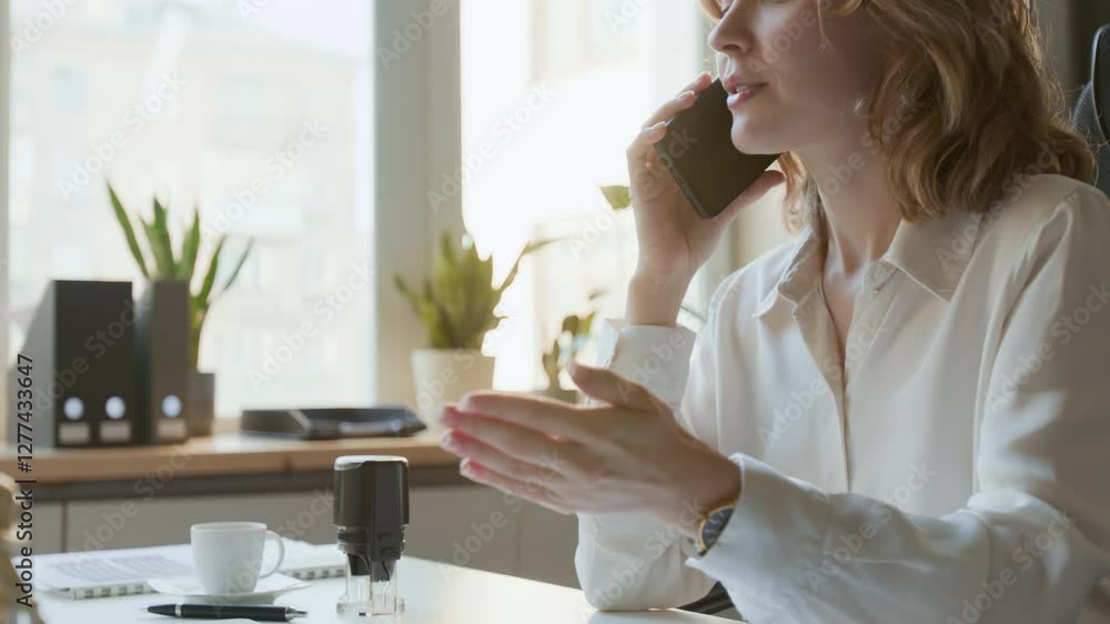 Medium shot of confident young Caucasian female solicitor in white shirt sitting at desk at law firm, talking on smartphone, explaining legal issues while consulting client by phone call Medium shot of confident young Caucasian female solicitor in white shirt sitting at desk at law firm, talking on smartphone, explaining legal issues while consulting client by phone call