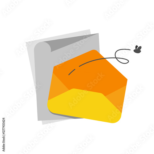 flat illustration of envelope with a paper behind it, symbolizing an empty inbox or no new messages. This design represents read messages, no new notifications, or outdated information