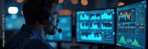Surveillance specialist in headset reviewing data , headphones, army