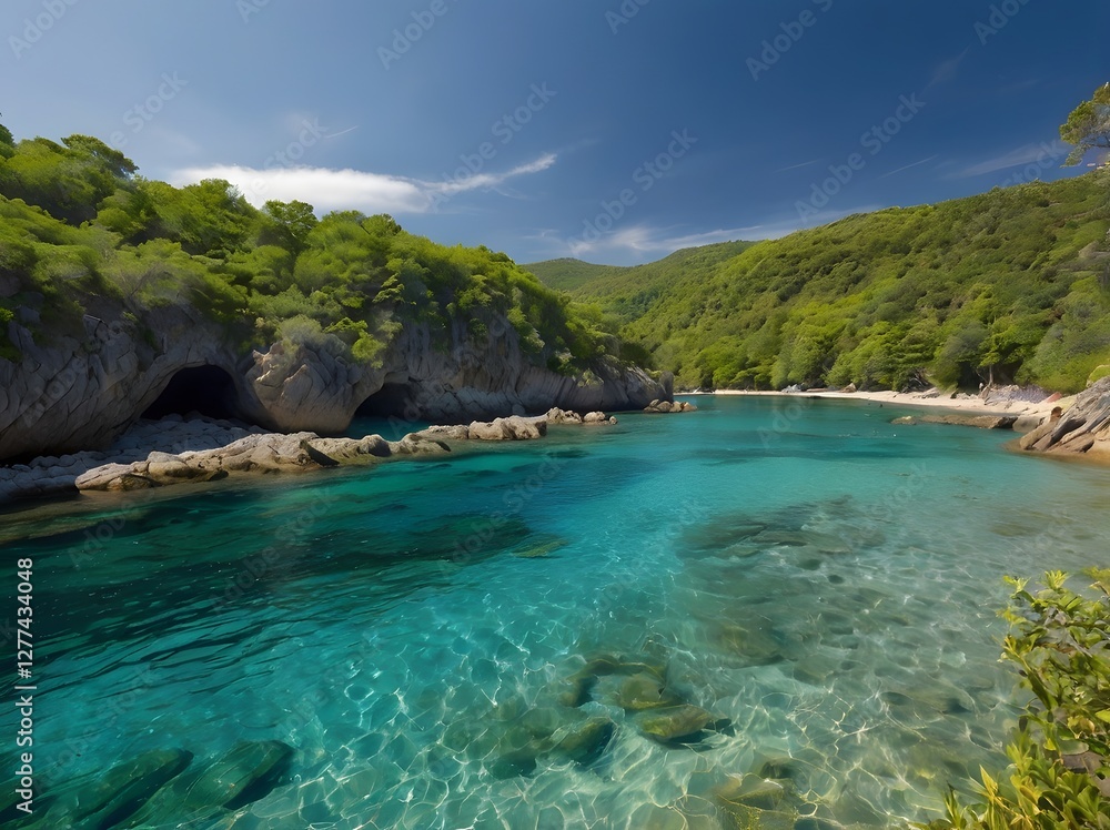 Fototapeta premium Secluded Cove Crystal Clear Turquoise Water Green Hills