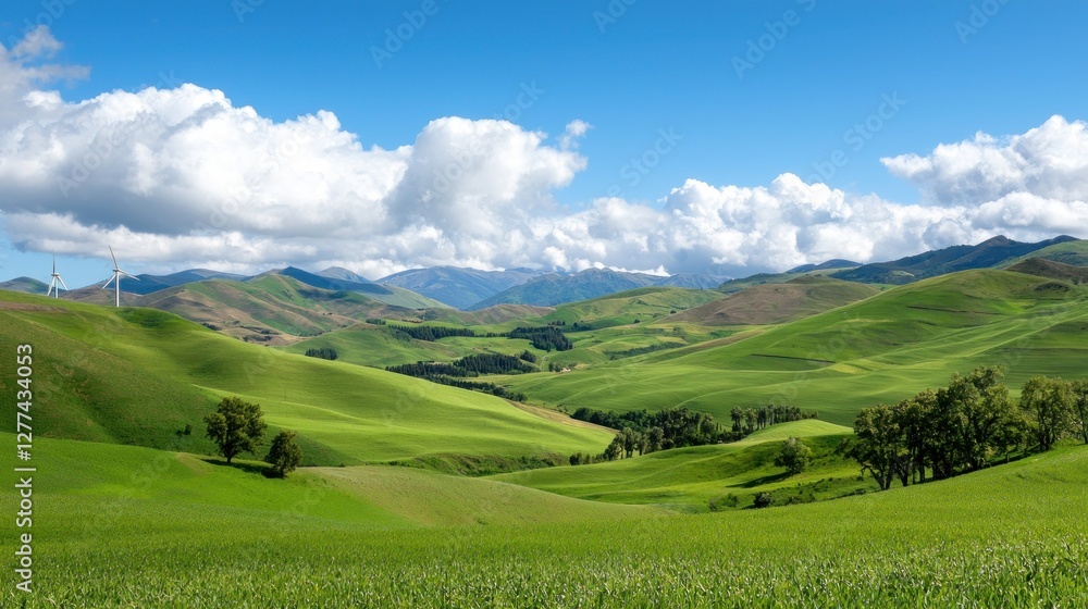Rolling Green Hills and Wind Turbines Under a Blue Sky with Fluffy White Clouds in a Vast Landscape Rolling Green Hills and Wind Turbines Under a Blue Sky with Fluffy White Clouds in a Vast Landscape